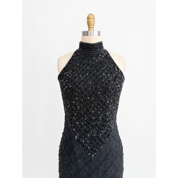 Laurence Kazar vtg black silk hand beaded sequin formal gown dress size S - Picture 2 of 8